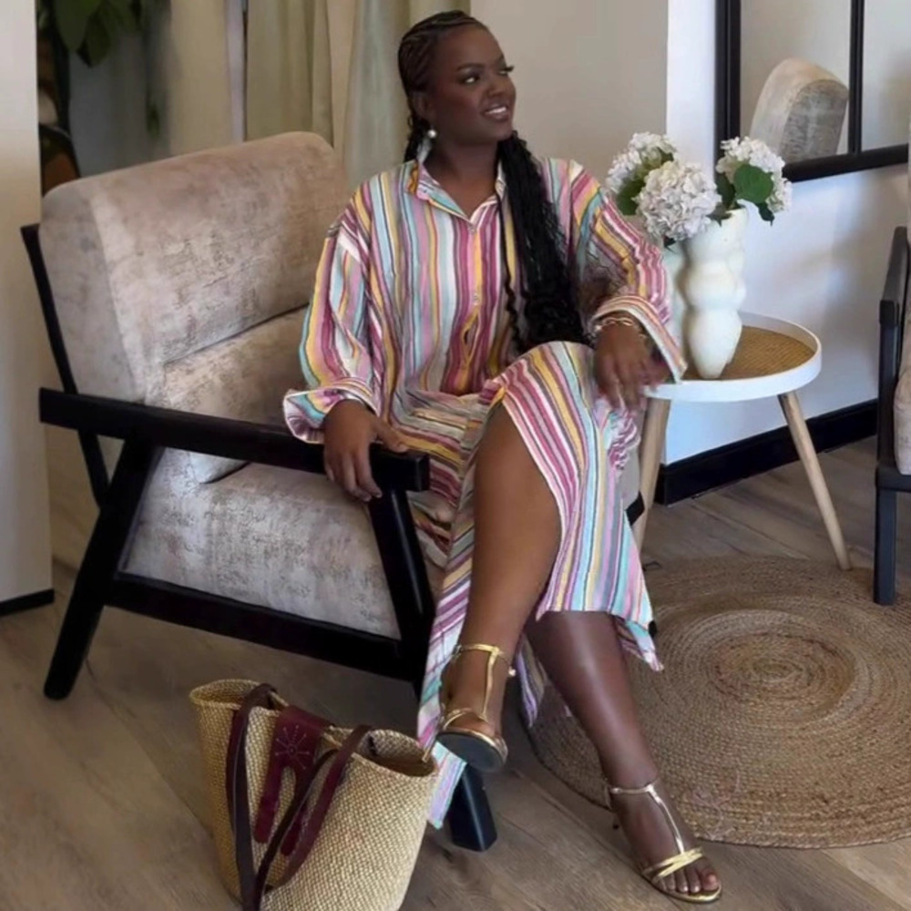 ZARA Chic Patchwork Contrast Striped Long Cardigan Dress African Boho